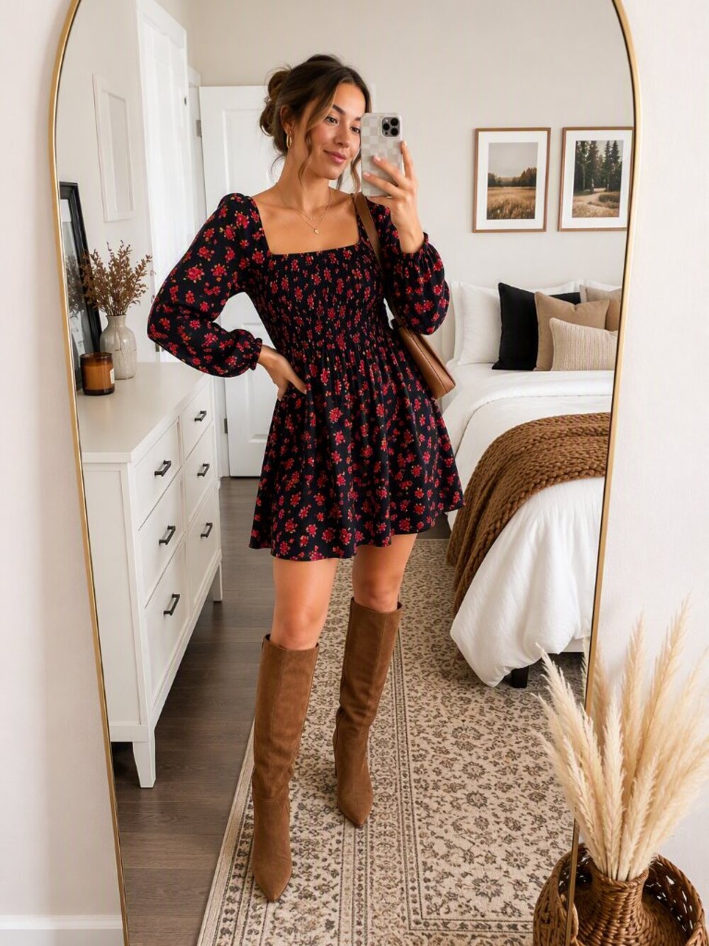 🌹 Old Navy Black Floral Smocked Mini Dress | Square Neck | Pockets | Size Large